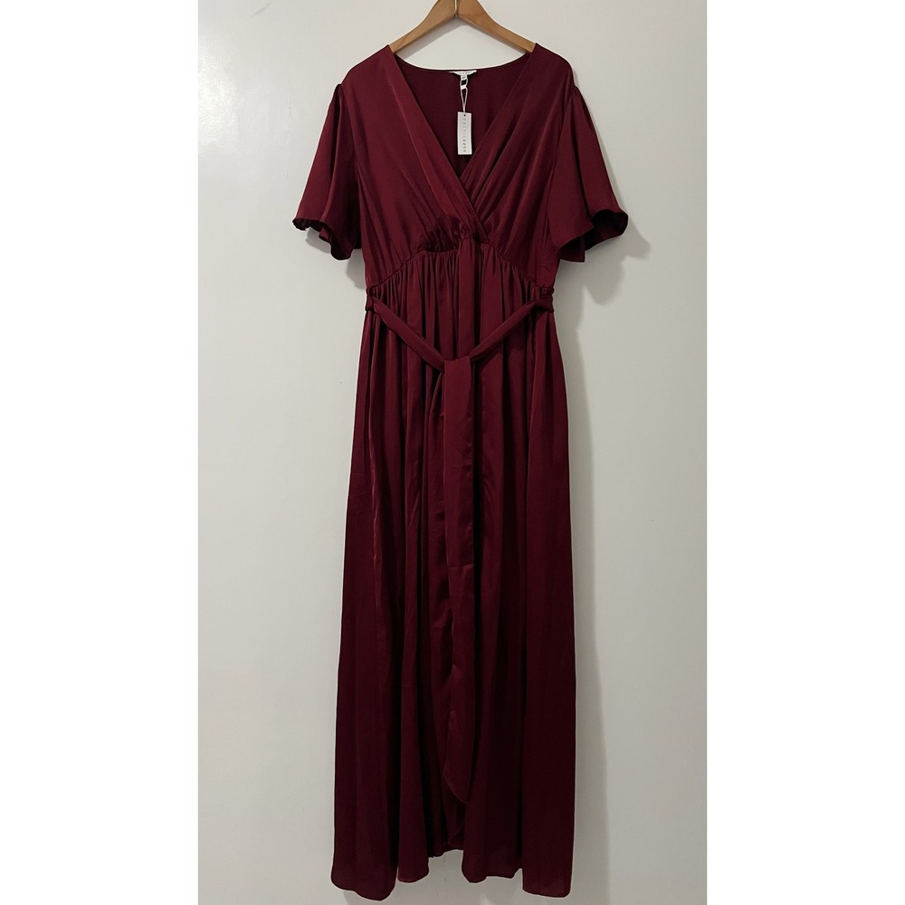Baltic Born Burgundy Satin V-Neck Maxi Dress Short Flutter Sleeve Plus Size 3XL